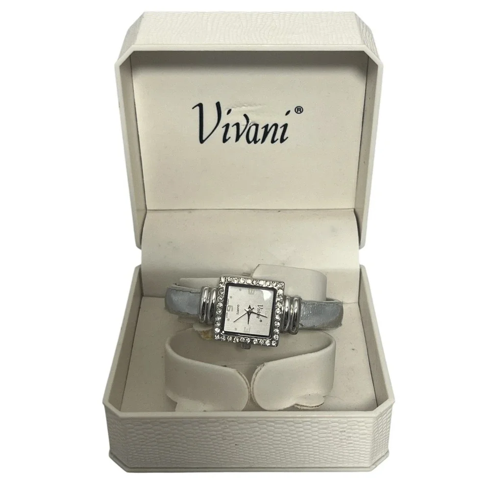 Vivani Women's Silver-Tone Rhinestone‎ Square Dial Quartz Bangle Cuff Watch New